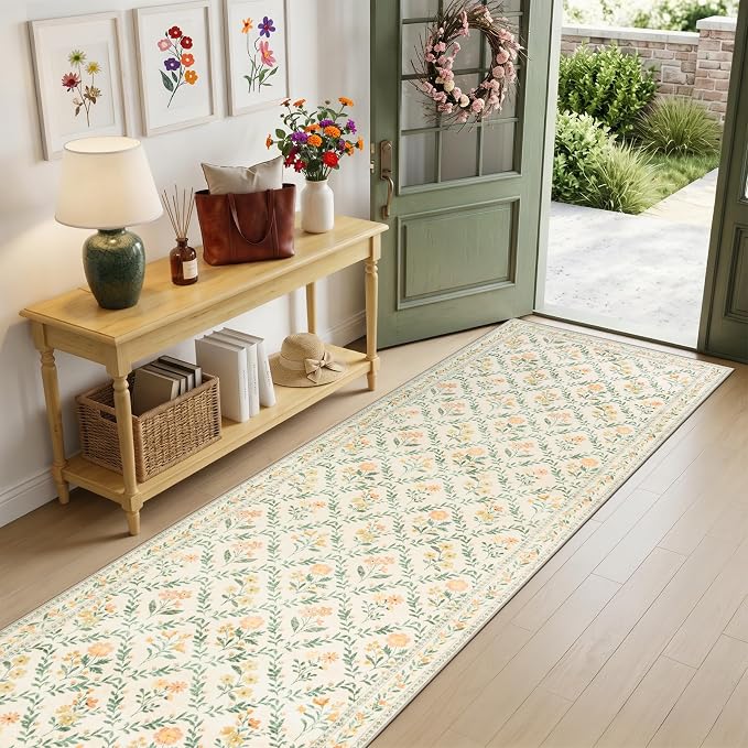 Runner Rug for Entryway: 2.6x14 Kitchen Rugs Non Slip Washable Ultra-Thin Soft Floral Carpet Indoor Floor Stain Resistant Carpets for Hallway Bedroom Kitchen Laundry Bathroom Dorm Beige/Multi
