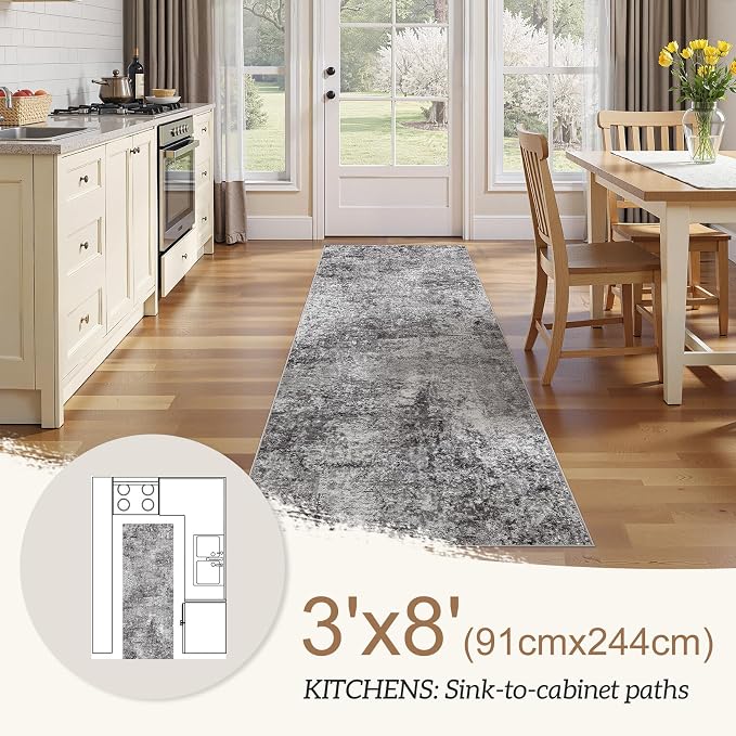 DMOYEST Washable Runner Rug for Hallway: 3x8 Neutral Modern Abstract Low Pile Area Rug with Non-Slip Backing - Carpet for Bedroom Kitchen Laundry Entryway Bathroom Indoor - Grey