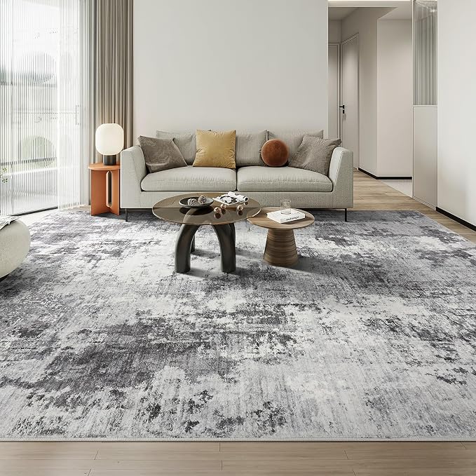 Abstract 10x14 Area Rug: Machine Washable Non Slip Ultra Thin Low-Pile Carpet, Soft Stain Resistant for Living Dining Room Bedroom, Kid Pet Friendly, Robot Vacuum Compatible - Grey