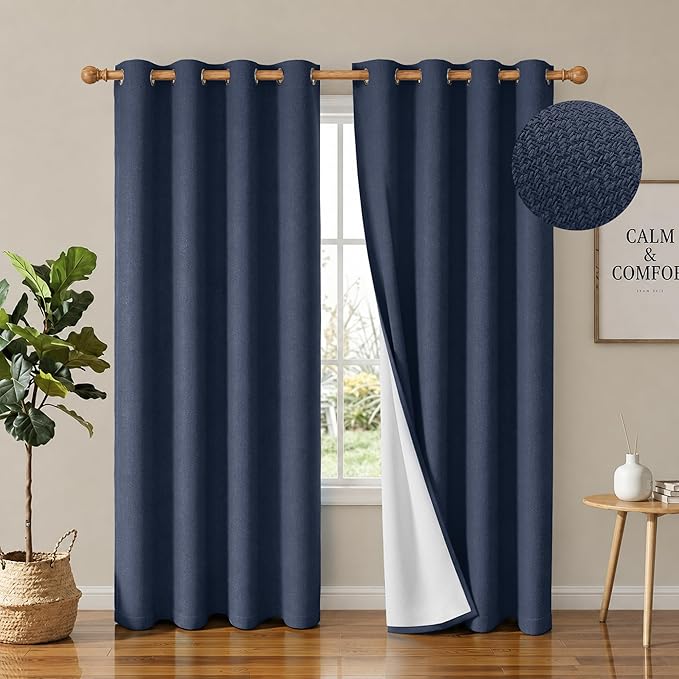 2 Panels 100% Blackout Linen-Textured Curtains, Thick Thermal Insulated Grommet Drapes with Subtle Herringbone Weave, Luxury Decor for Bedroom/Living Room, 54 x 84 Inches, Navy