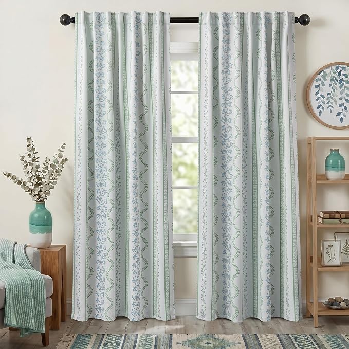 Sage Green Floral Blackout Curtains, Farmhouse Cottage Core Vine Botanical Pattern Drapes, Light Green White Thermal Insulated Room Darkening Curtains for Bedroom Living Room, 96 Inch Long 2 Panels