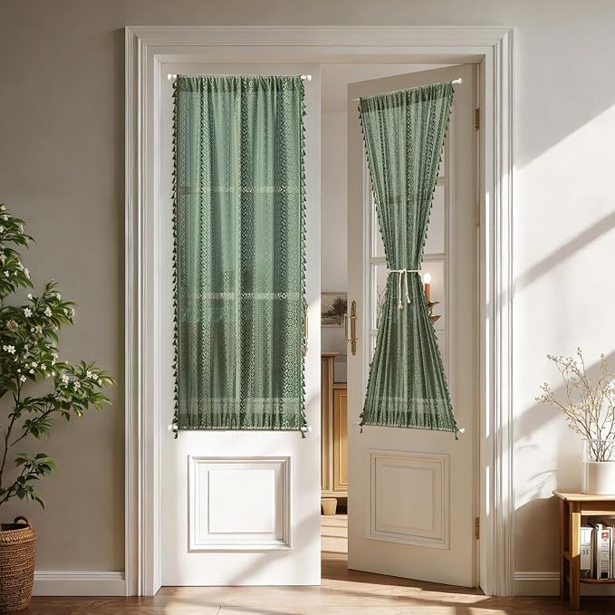 Sutuo Home Olive Green French Door Curtains for Front Glass Door & Sidelights, Semi Sheer Farmhouse Bohemian Rustic Tassels Vintage Privacy Christmas Festival Decor, Rod Pocket 2 Panels 25" W x 72" L