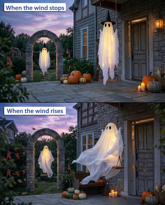 Halloween Hanging Swing Ghost Halloween Decor, Spooky Ghost Decor Outdoor | LED Lights & Remote Control, Timer Function, Waterproof, Solid Wood,With Witch Hat, Rope Adjustable