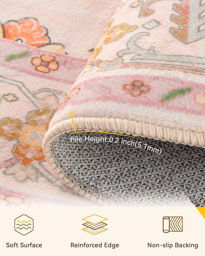 RELEANY Area Rugs Round 5ft Washable Non-Slip, Floral Vintage Distress Medallion Carpet for Living Room Bedroom Dining Room, Light Pink Colorful