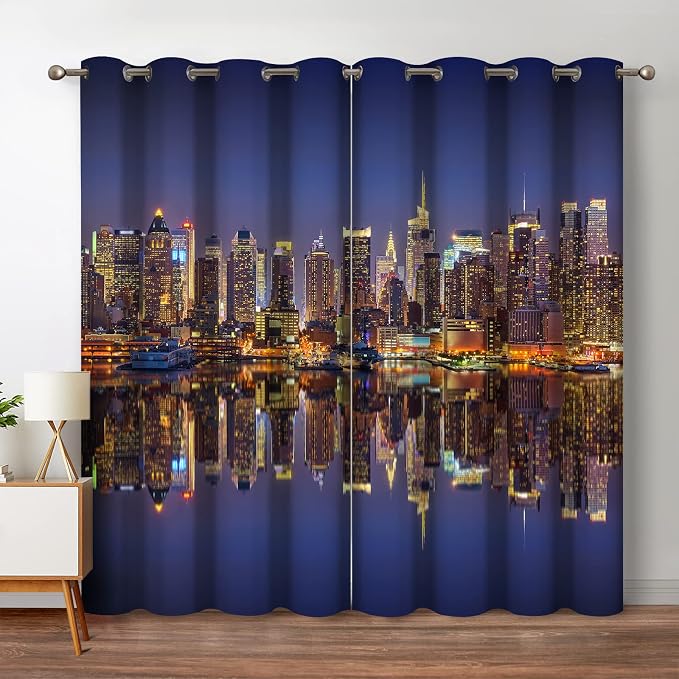 Jekeno City Landscape Blackout Curtains New York Manhattan Midnight Cityscape Ocean Reflection by The Coast Scenery Urban Decor for Bedroom Living Room Grommet Window Drapes 2 Panel Set, 52"x63"