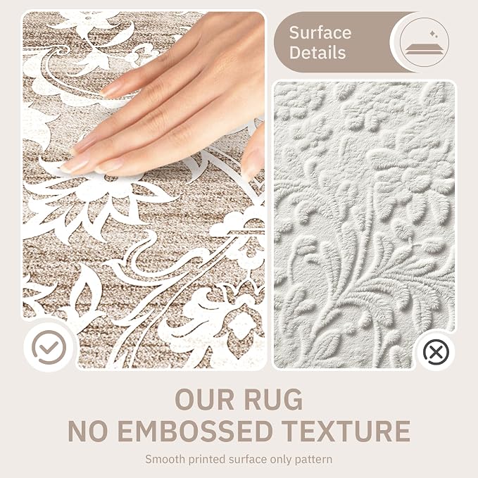 Soalmost Washable Round Rug 8ft for Living Room,Soft Circle Rug Light Brown | Vintage Floral Ultra-Thin Non-Slip 8x8 Round Throw Carpet for Nursery Bedroom Kitchen Dining Room 8'Round