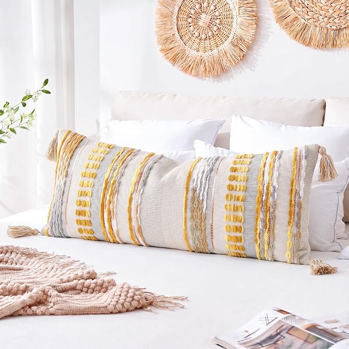 NUYECY Chenille and Cotton Long Pillow for Bed,Striped Textured Boho Long Lumbar Throw Pillow Cover 14x36,Neutral Accent Decorative Extra Long Body Pillow Case for Couch Sofa Bedroom,Yellow-Grey