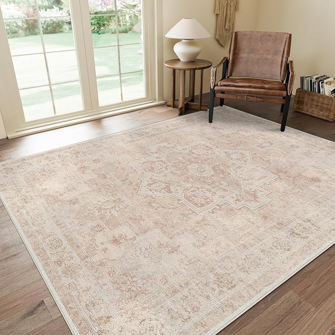 GENIMO 9x12 Area Rugs for Living Room, Machine Washable Rug, Non Slip Indoor Vintage Rug, Low Pile Lightweight Print Carpet for Bedroom Dining Room Home Office, Light Pink