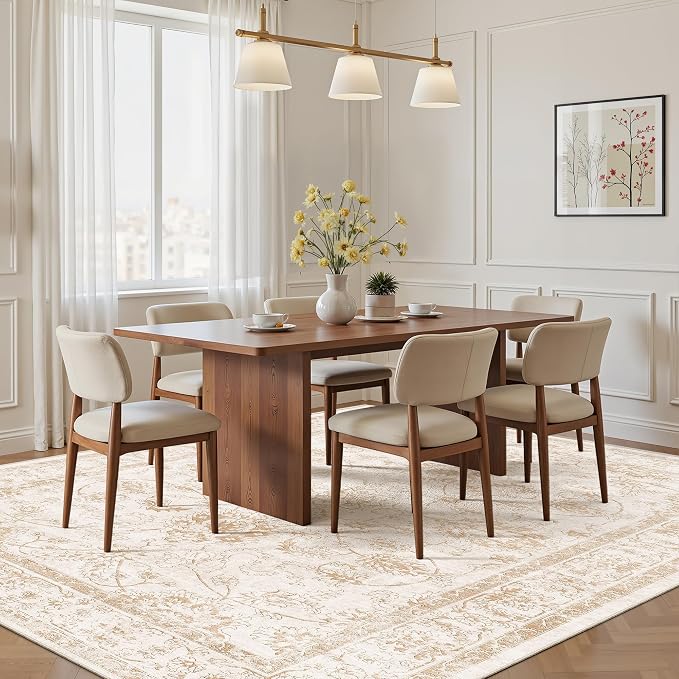 Madane 5x7 Area Rugs for Living Room, Washable Vintage Natural Rug with Non-Slip Backing, Soft Floral Print Throw Rugs Floor Low Pile Carpet for Bedroom Dining Room Farmhouse (5 x 7, Wood/Ivory)