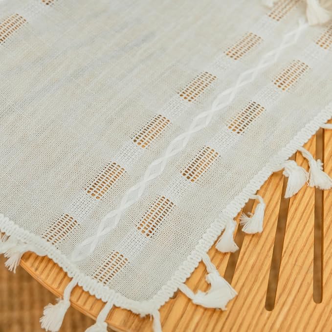 Deeprove White Cream Boho Curtain 72 inches Length for Living Room Bedroom Nursery, Bohemian 72 inches Long, Geometric Stripe Embroidery Privacy Window Fringe Decoration W52 x L72, Single 1 Panel