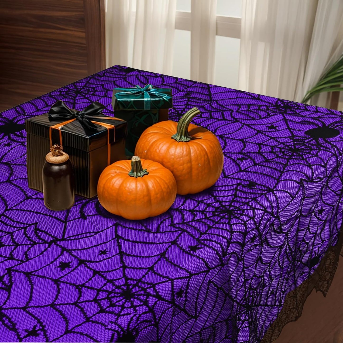 2Pcs Halloween Tablecloths, Black Lace & Purple Lined Rectangular Table Cloth, Spider Web Table Cover for Scary Halloween Decorations Indoor, 54 x 72 Inch