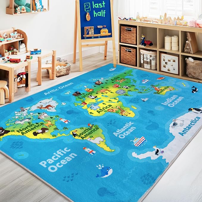 Kids Playroom Rug, 4x5ft World Map Rugs with Cute Animals, Washable Durable Soft Carpet Kid Educational Rugs for Boys Girls Bedroom Nursery Classroom