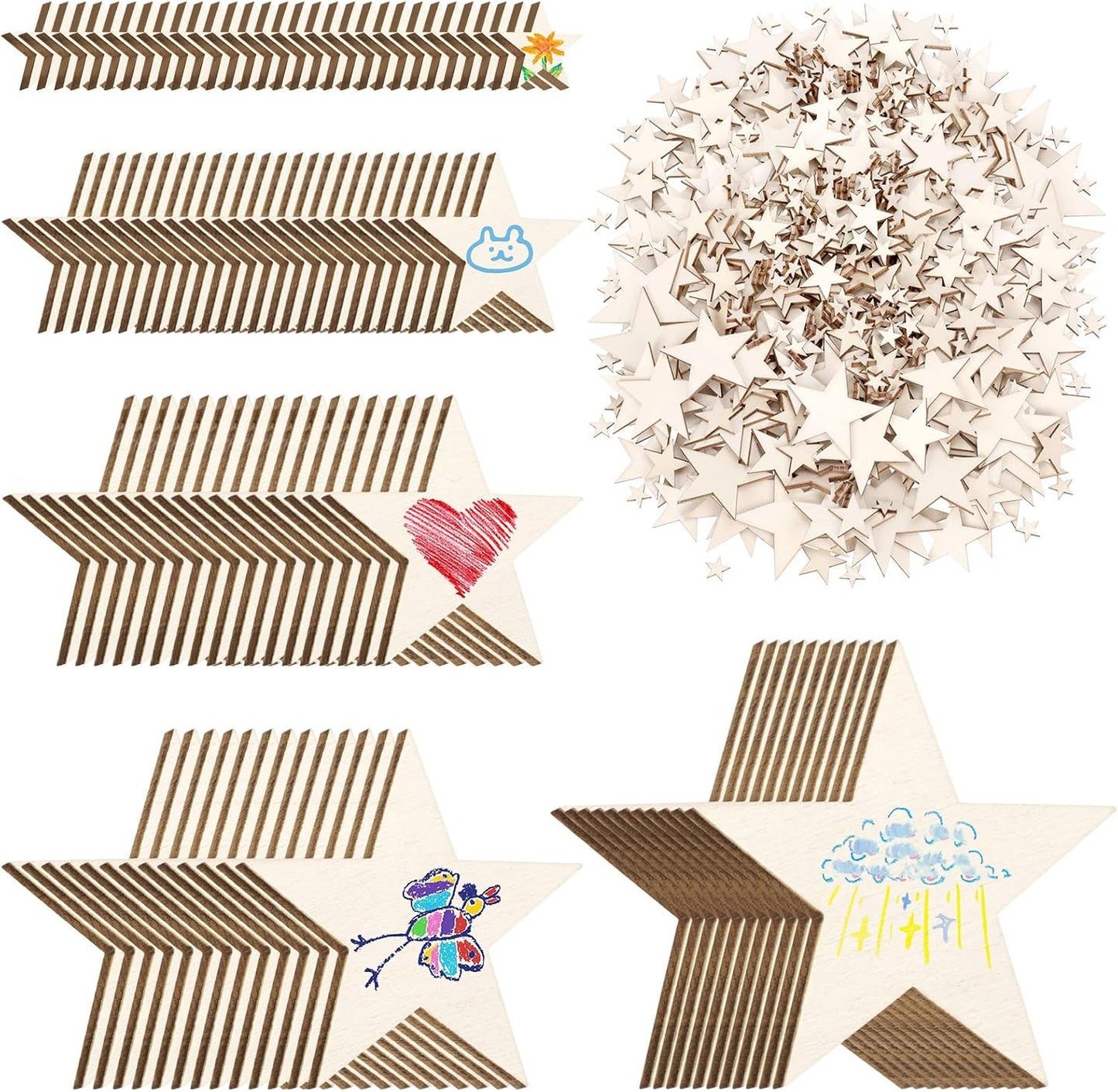 Hilitchi 300Pcs 5Sizes Unfinished Wooden Stars Wood Stars Craft Unfinished Wooden Stars Ornanents Wooden Stars Shape Blank Wood Ornaments Cutout Blank Wood for DIY Art Crafts Home Decorations