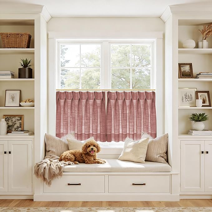 TWOPAGES 26" W x 24" L Linen Blend Cafe Curtains for Kitchen Window, Light Filtering Pinch Pleated Tier Curtains, Modern Farmhouse Half Window Curtains for Bathroom, Cinnabar, 2 Panels