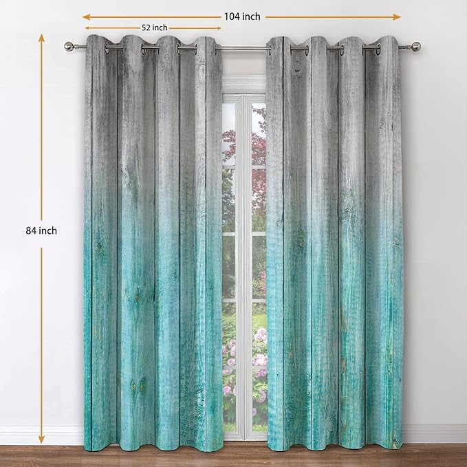 Jekeno Wooden Blackout Curtains Blue Gradient Wood Board of Farmhouse Village Rural Lodge Nature Retro Decor for Home Bedroom Living Room Grommet Window Drapes 2 Panel Set, 52"x84"