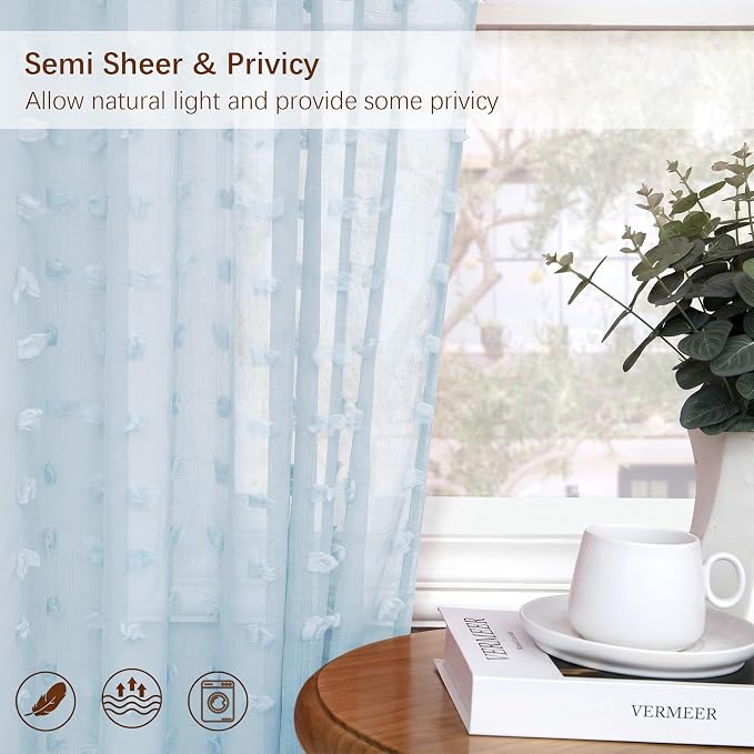 DANCURTON Light Blue Sheer Curtains 63 Inch Length for Bedroom Boho Pom Pom Sheer Curtains 2 Panels Back Tab Blue Drapes for Bathroom Nursery Kids Room Modern Farmhouse Coastal Decor Window Treatments