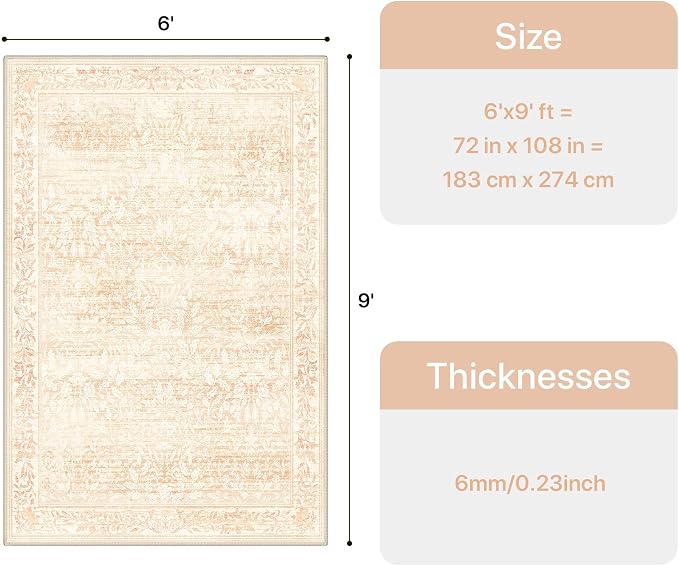 GENIMO 6x9 Washable Living Room Area Rug, Non Slip, Pink | Vintage Boho Floral Low Pile Thin Carpet for Bedroom, Dining Room, Nursery, Indoor Decor