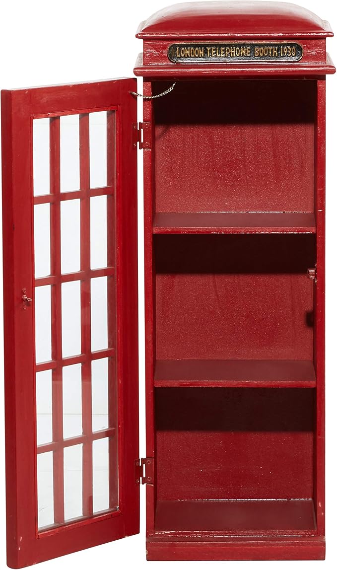 Deco 79 Wooden Vintage Telephone Booth Accent Cabinet, 11" x 9" x 30", Red | London telephone booth, storage cabinet, 3 shelves, red bookshelf