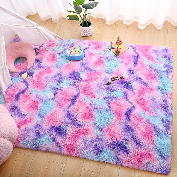 AROGAN Soft Rainbow Area Rugs for Girls Room 4x6 Feet, Fluffy Bedroom Rugs, Princess Rug, Cute Colorful Carpet for Kids Teens Nursery Toddler, Hot Pink