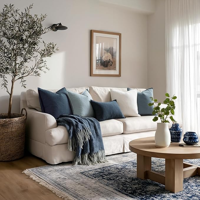 MIULEE Blue Boho Linen Decorative Pillow Covers 20x20 Inch Pack of 4 | Natural Throw Pillow Covers Soft Farmhouse Couch Pillowcases Modern Home Coastal Decor for Living Room Bed Sofa