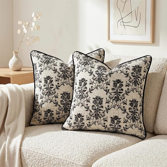 16x16 Inch Vintage Vine Pillow Covers Set of 2, Woven Floral Cushion Cases with Soft Velvet Back and Corded Piping for Couch Sofa Bed Accent Decor, Black