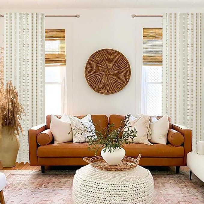 Western Aztec Boho Curtains, Brown Floral Patterned Rustic Farmhouse Drapes for Bay Window Bedroom Living Room Southwestern Decor, 63 Inch Length 2 Panel Set