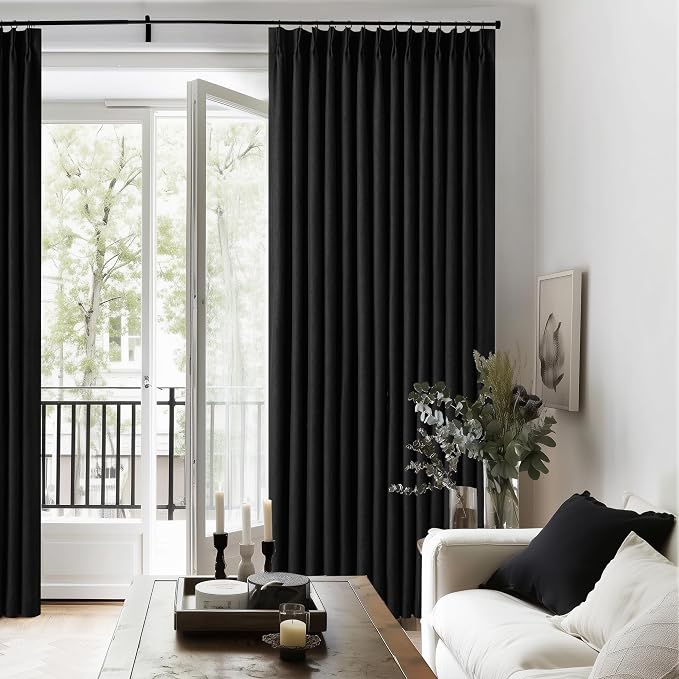 Black Pinch Pleated Linen Blackout Curtains 2 Panels for Living Room Bedroom Thermal Insulated 100% Black Out Linen Drapes with Liner Room Darkening Window Curtains 40x108