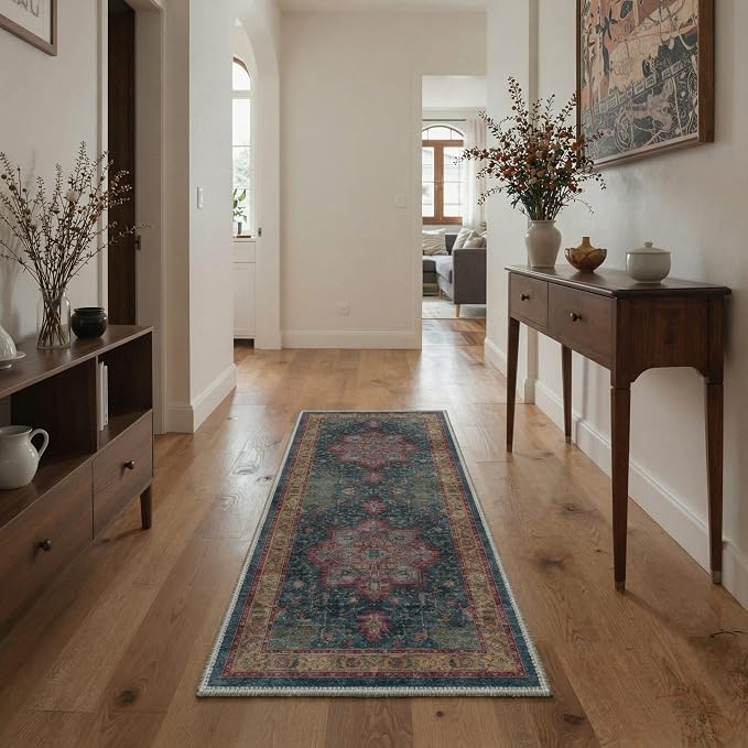 GENIMO 8x10 Area Rugs for Living Room, Machine Washable Rug, Non Slip Indoor Vintage Carpet, Low Pile Lightweight Print Carpet for Bedroom Dining Room Home Office,Teal Burgundy