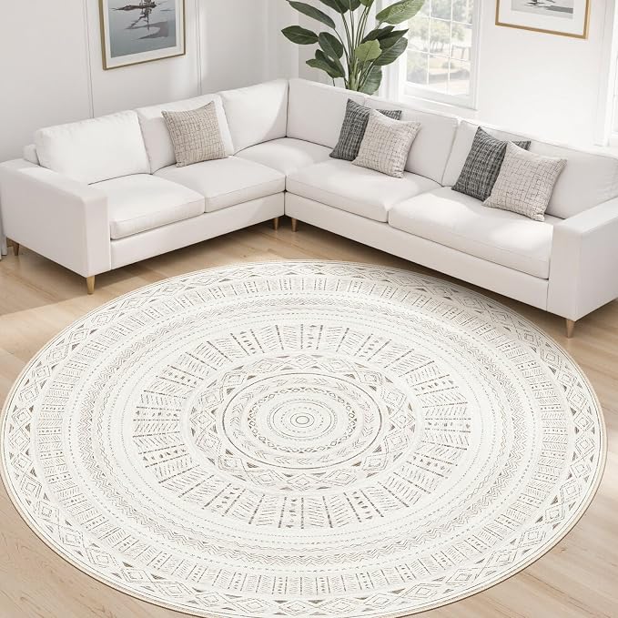 cotiled 8x8 Round Area Rugs Living Room Rug: Washable Boho Rugs with Non Slip Backing Large Soft Indoor Stain Resistant Carpet for Bedroom Farmhouse Dining Room Lightweight Home Decor L Brown/Cream
