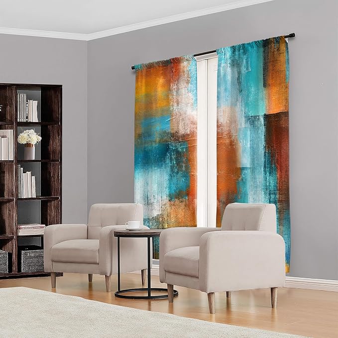 MESHELLY Brown Blue Abstract Curtains 52W x 84H Inch Rod Pocket Rust Burnt Orange Teal Art Painting Modern Contemporary Watercolor Cool Oil Print Vintage Living Room Bedroom Window Drapes 2 Panel
