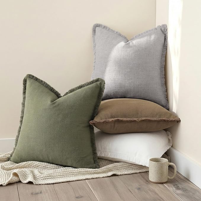 decorUhome Linen Fringe Euro Sham Throw Pillow Covers Set of 2 Decorative Light Grey Pillow Covers with Tassels Soft Accent Boho Farmhouse Pillow Cases for Couch Bed Sofa 22x22 Inch
