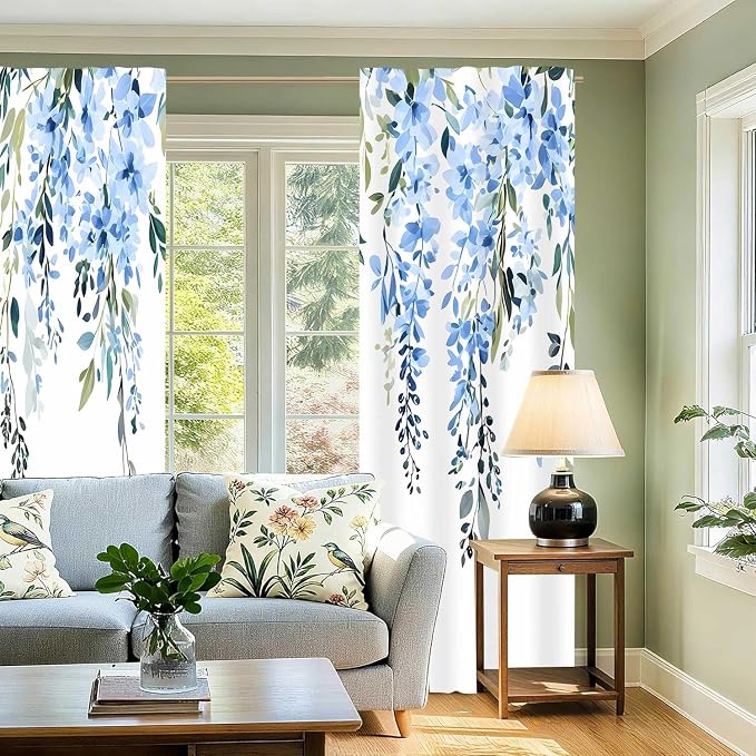 Blue Watercolor Floral Curtains, Botanical Leaves Vine Flowers Curtain, Rustic Farmhouse Flower Leaf Blackout Window Treatment Drapes for Bedroom Living Room 52x72 inch, 2 Panels