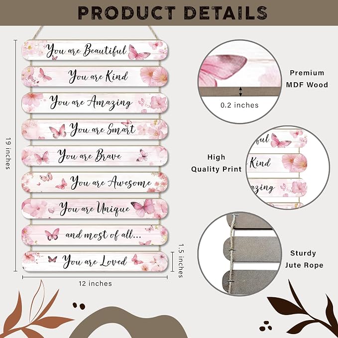 MONALET Pink Butterfly Inspirational Wall Decor for Girls Kids Room Office Classroom Playroom Nursery, You Are Loved Hanging Wooden Signs Decorations, Rustic Vintage Aesthetic Wood Plaque 9Pcs 12x19