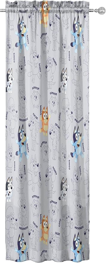 Jay Franco Window Curtains for Kids Bedroom 4-Piece Drape Set with 2 Tiebacks, Grey - Bluey, 42" W x 63" L (Pack of 2)