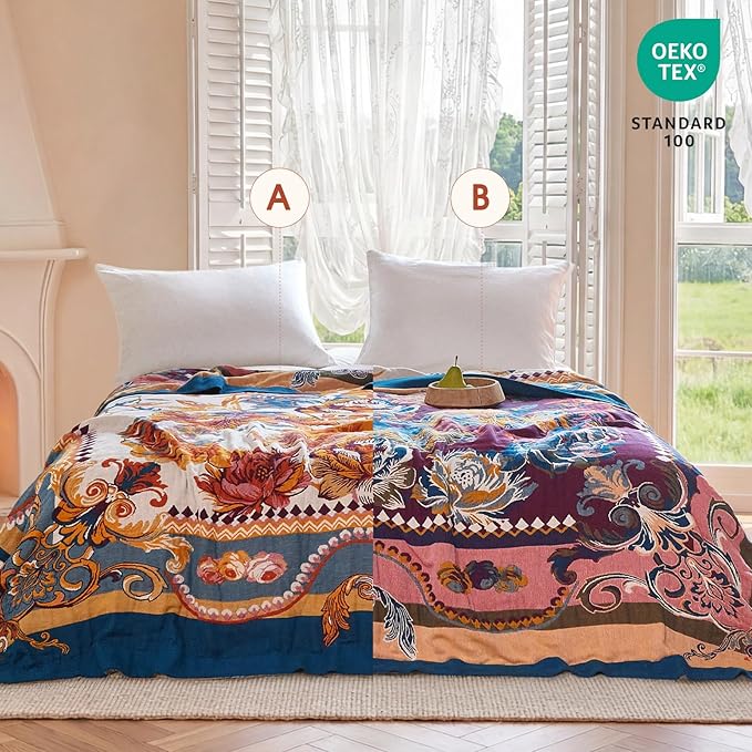 Boho Throw Blanket - 90"x90" 100% Cotton Ultra Soft Lightweight Blanket, 4-Layer Breathable Muslin Blankets for Bed Couch, Reversible Yellow Floral Printed Bohemian Cotton Quilt