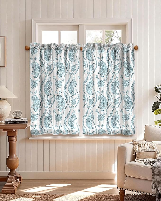Miss Adola Farmhouse Kitchen Tier Curtains - 36 Inch Length Linen Blend Floral Cafe Curtains Blue Small Window Treatments Over Sink Rod Pocket for Bathroom Living Room Light Filtering, 2 Panels