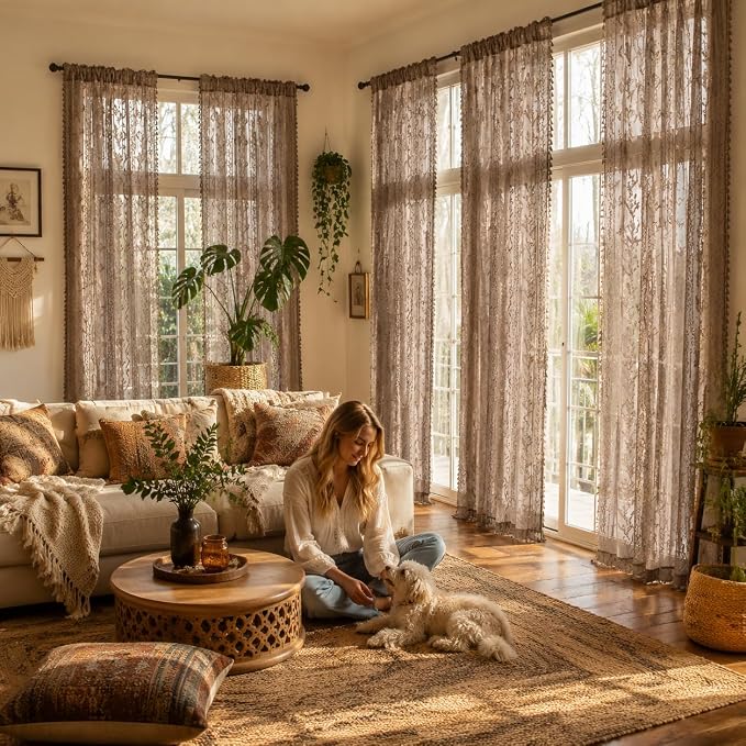 WAZZIO Boho Lace Curtains 2 Panels 84 Inch -Victorian Sheer Panel Drape French Country Floral Pattern & Tassel Light Filtering Privacy for Bedroom Dining Living Room,Rustic Style,Brown,W52x L84