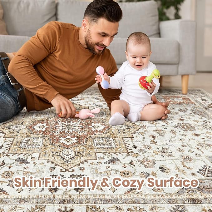 Vintage Living Room Area Rug 5x8 - Large Soft Washable Oriental Traditional Distressed Farmhouse Rugs for Bedroom - Indoor Floor Accent Carpet for Home Office House Decor - Golden Taupe