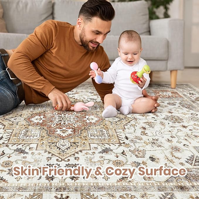 Vintage Living Room Area Rug 7x9 - Large Soft Washable Oriental Traditional Distressed Farmhouse Rugs for Bedroom - Indoor Floor Accent Carpet for Home Office House Decor - Golden Taupe