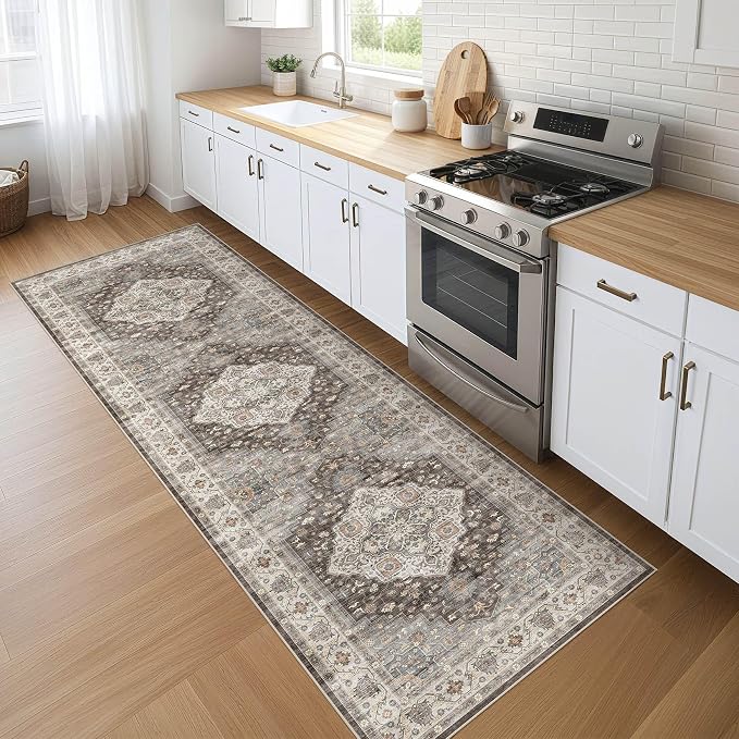 Runner Rug Kitchen Washable Rugs: 3x8 Non-Slip Boho Vintage Stain Resistant Indoor Neutral Farmhouse Throw Carpet for Hallway Bathroom Laundry Room Entryway Bedroom- Grey Brown
