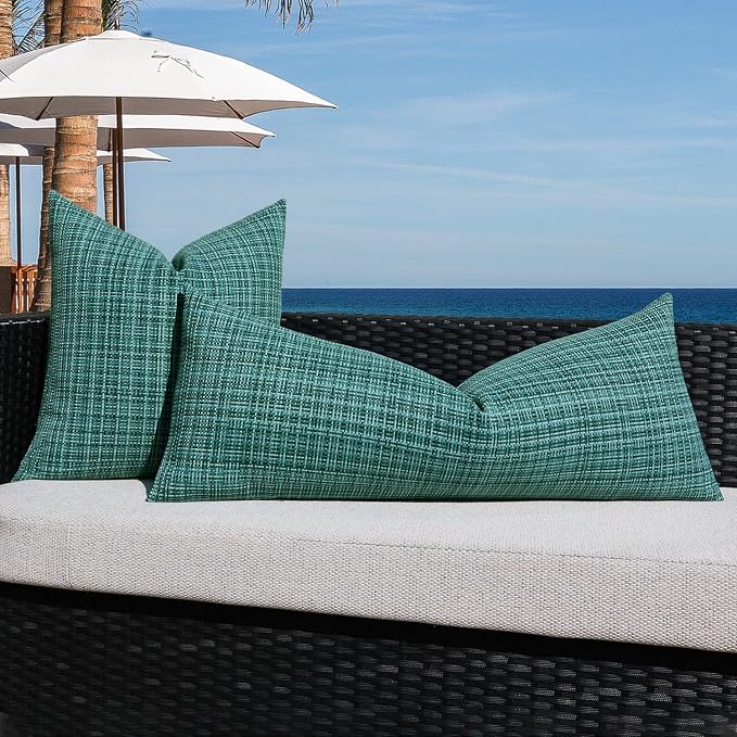 Kevin Textile Outdoor Waterproof Throw Pillow Covers 14x36 Inch Pack of 1 Woven Faux Linen Decorative Water Resistant Long Body Lumbar Cushion Covers for Tent Patio Garden Couch Sofa Teal