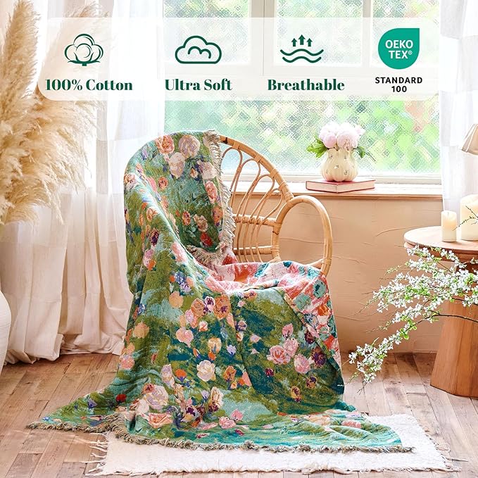 MSGKV Boho Throw Blanket for Bed Cotton Floral Twin Size Couch Blanket 60"x80" Muslin Spring Breathable Lightweight Farmhouse Blankets All Seasons