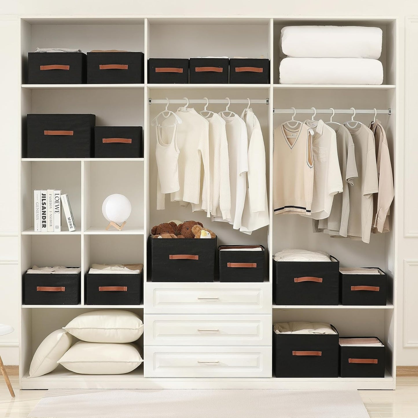 linen closet organizers and storage, 3 Pack Large Storage Baskets, Washable, Clothing Storage Bins with Handle, Closet Organizer for Storage Sweater,Sheets (Black, 16"x9½"x6¾")