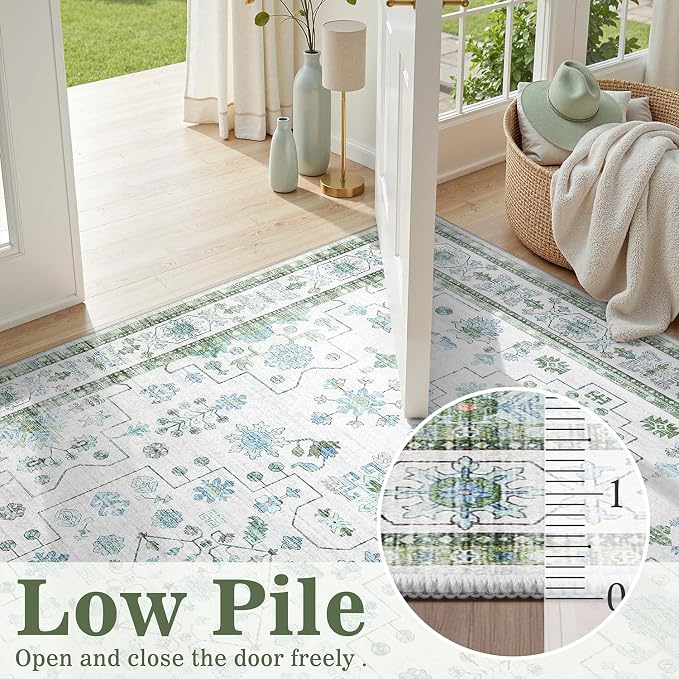 DCX 2x6 Runner Rug, Small Vintage Boho Area Rug, Washable Non Slip Rug Runner Carpet for Kitchen Floor, Hallway, Laundry, Bedroom Low Pile Soft Pastel Runner Green and Cream