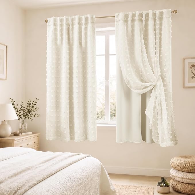 Lino Rosa Back Tab Pom Pom Cream Curtains for Girls Room Bedroom Nursery Short Blackout Curtains Double Layer 63 Inch Length