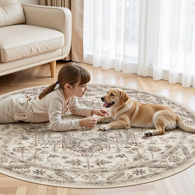 5ft Round Vintage Living Room Area Rug - 5x5 Large Soft Washable Oriental Traditional Distressed Farmhouse Rugs for Bedroom - Indoor Floor Accent Carpet for Home Office House Decor - Light Brown