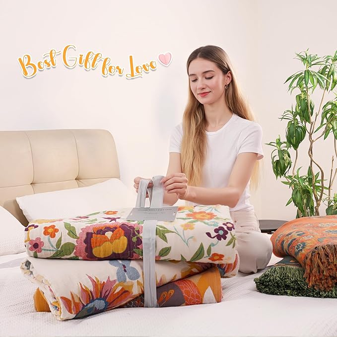 VANJOROY Boho Throw Blanket, 100% Organic Muslin Cotton Skin-friendly Breathable Ultra Soft Bed Quilt Throw - All Season Bohemian Decor Luxury Colorful Blanket for Sofa Couch Chair and Gift. 60" x 80"