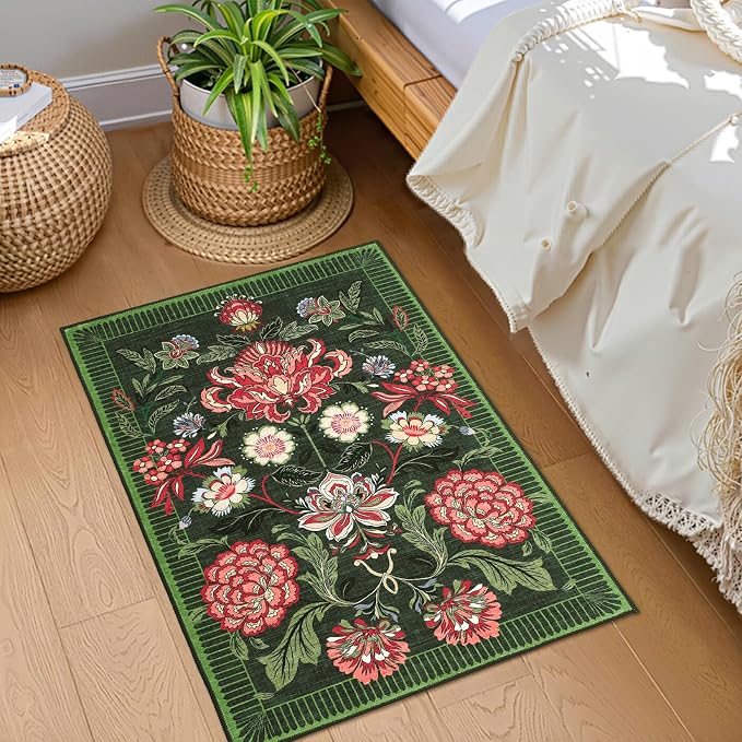 GarveeHome Forest Green Floral 2x3 Door Mat Indoor Rugs for Entryway Small Vintage Boho Cottage Washable Non-Slip Low-Pile Rug for Bedroom Kitchen Bathroom Entrance