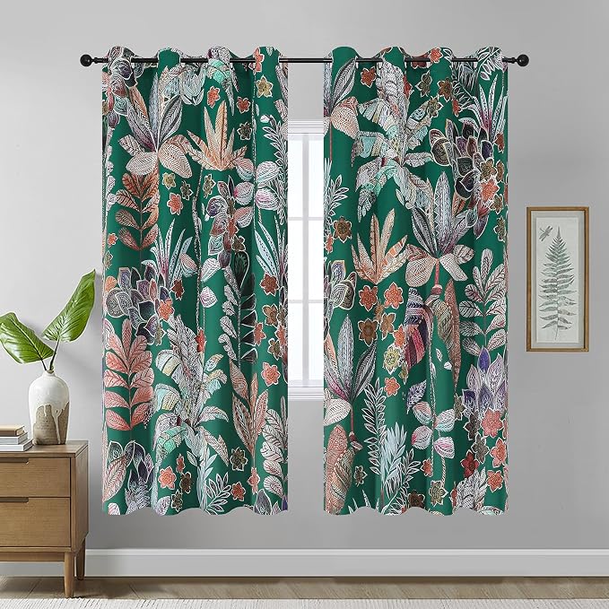 Estelar Textiler Green Floral Blackout Curtains 72 Inch Long,Thermal Insulated Room Darkening Window Drapes for Bedroom,Leaves Pattern Spring Curtains for Living Room,52x72 Inch,2 Panels