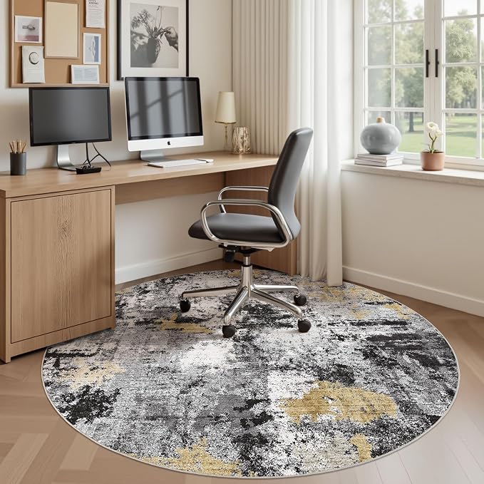 Abstract 5FT Round Rug: Machine Washable Non Slip Ultra Thin Low-Pile Carpet, Soft Stain Resistant for Living Room Bedroom Nursery, Kid Pet Friendly, Robot Vacuum Compatible - Black Gold